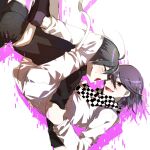  2boys :o ahoge bangs black_hair blush checkered checkered_neckwear checkered_scarf danganronpa_(series) danganronpa_v3:_killing_harmony eyebrows_visible_through_hair hair_between_eyes highres jacket long_sleeves looking_at_another male_focus multiple_boys open_mouth ouma_kokichi pants pink_background purple_hair saihara_shuuichi scarf shoes short_hair smile straitjacket striped striped_jacket striped_pants sumika_(rrz03) white_background white_pants yaoi 