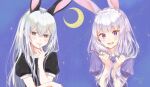  2girls :d animal_ears bangs black_eyes blunt_bangs echidna_(re:zero) emilia_(re:zero) finger_to_mouth hand_in_hair hand_on_own_chin highres moon multiple_girls open_mouth puffy_short_sleeves puffy_sleeves purple_eyes rabbit_ears re:zero_kara_hajimeru_isekai_seikatsu short_sleeves silver_hair smile white_hair yomo_(rb_crr) 