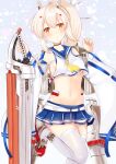  1girl ascot ayanami_(azur_lane) azur_lane bangs belt blue_skirt breasts choker commentary_request detached_sleeves eyebrows_visible_through_hair greatsword hair_between_eyes hair_ornament hairclip headgear holding holding_sword holding_weapon long_hair long_sleeves looking_at_viewer machinery navel nibosi orange_eyes parted_lips pleated_skirt ponytail retrofit_(azur_lane) ribbon-trimmed_sleeves ribbon_trim school_uniform serafuku sidelocks silver_hair simple_background skirt solo standing standing_on_one_leg stomach sword thighhighs turret underboob weapon white_background white_legwear wide_sleeves zettai_ryouiki 
