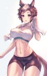  1girl :o abs animal_ears ass_visible_through_thighs black_hair blue_eyes breasts collarbone denchi_more_power highres horse_ears horse_girl horse_tail large_breasts mejiro_ryan_(umamusume) multicolored_eyes multicolored_hair muscular muscular_female navel open_mouth purple_eyes short_hair shorts simple_background solo sports_bra streaked_hair tail teeth thick_thighs thighs tongue towel towel_around_neck two-tone_hair umamusume upper_teeth white_hair 