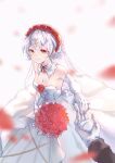  1boy 1girl absurdres bangs bare_shoulders blurry blurry_foreground bouquet braid breasts bridal_veil captain_(honkai_impact) cleavage closed_mouth dress elbow_gloves faaallen flower gloves hair_between_eyes hair_flower hair_ornament highres holding holding_bouquet honkai_(series) honkai_impact_3rd looking_at_viewer petals red_eyes red_flower red_rose rose sleeveless sleeveless_dress smile theresa_apocalypse theresa_apocalypse_(luna_kindred) veil wedding_dress white_background white_dress white_gloves white_hair 