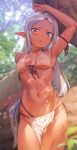  1girl :o arm_up armpits bangs bare_shoulders bikini blurry blurry_background blurry_foreground blush breasts collarbone cowboy_shot dappled_sunlight dark-skinned_female dark_elf dark_skin elf forehead front-tie_bikini front-tie_top halter_top halterneck highres kinta_(distortion) loincloth long_hair looking_at_viewer multi-strapped_bikini_bottom navel open_mouth original outdoors parted_bangs pelvic_curtain pointy_ears ponytail side-tie_bikini sidelocks small_breasts solo standing stomach sunlight swimsuit thighs tree very_long_hair wet white_bikini white_hair yellow_eyes 