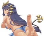  1girl ass bangs bare_shoulders barefoot bikini black_hair blue_bikini blush breasts brown_eyes closed_mouth commentary_request demon_tail eyebrows_visible_through_hair hair_between_eyes highres honey_strap legs_up long_hair looking_at_viewer looking_back lying medium_breasts mizunashi_(second_run) on_stomach shimamura_charlotte side-tie_bikini simple_background smile solo striped striped_bikini swimsuit tail very_long_hair virtual_youtuber white_background 