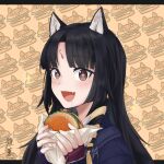  1girl :d animal_ear_fluff animal_ears arknights artist_name bangs black_hair blush brown_eyes burger dog_ears drooling eyebrows_visible_through_hair facial_mark fang fingerless_gloves food food-themed_background forehead_mark gloves hair_ribbon highres holding holding_food long_hair looking_at_viewer open_mouth parted_bangs purple_gloves ribbon saga_(arknights) saliva shoukkun25 signature smile solo sparkling_eyes tress_ribbon upper_body wrapper yellow_ribbon 
