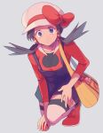  1girl blue_eyes blue_overalls bow cabbie_hat collarbone commentary_request earrings eyelashes full_body grey_background grey_hair hat hat_bow highres holding holding_poke_ball jewelry kris_(pokemon) long_hair overalls poke_ball poke_ball_(basic) pokegear pokemon pokemon_adventures red_bow red_footwear red_shirt shirt shoes simple_background solo thighhighs twintails white_headwear white_legwear yellow_bag yui_ko 