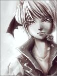  1boy bangs brown_theme closed_mouth coat collarbone commentary demon_wings ekaterina_orange english_commentary eyebrows_visible_through_hair face flower_in_mouth head_wings high_priest_(ragnarok_online) horns looking_at_viewer male_focus monochrome opencanvas_(medium) ragnarok_online short_hair solo upper_body watermark web_address wings 