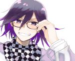  1boy bangs bespectacled checkered checkered_neckwear checkered_scarf colored_inner_hair danganronpa_(series) danganronpa_v3:_killing_harmony glasses grey_background grin hair_between_eyes hand_up highres male_focus multicolored_hair ouma_kokichi purple_eyes purple_hair scarf sharp_teeth shiny shiny_hair simple_background smile solo sumika_(rrz03) teeth 