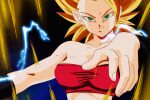  1990s_(style) 1girl aura blonde_hair breasts caulifla closed_mouth commentary dragon_ball dragon_ball_super electricity green_eyes highres large_breasts looking_at_viewer retro_artstyle salvamakoto smile solo spiked_hair strapless super_saiyan super_saiyan_2 toriyama_akira_(style) tube_top upper_body 