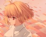  1girl anianiani0607 antenna_hair arcueid_brunestud bangs blonde_hair breasts commentary_request eyebrows_visible_through_hair floating_hair hair_between_eyes hair_intakes highres jewelry looking_away medium_breasts necktie parted_lips red_eyes short_hair solo sweater teeth tsukihime tsukihime_(remake) turtleneck turtleneck_sweater upper_body white_sweater 