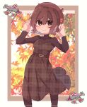  1girl aircraft alternate_costume autumn_leaves bangs beret blush brown_dress brown_eyes brown_hair brown_headwear brown_legwear brown_sweater dress eyebrows_visible_through_hair hagino_chihiro hair_between_eyes hat hat_ornament highres hyuuga_(kancolle) kantai_collection leaf long_sleeves one-hour_drawing_challenge pantyhose plaid plaid_dress short_hair smile solo sweater 