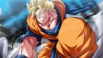  1boy amputee angry blonde_hair blue_sky clenched_teeth dougi dragon_ball dragon_ball_z green_eyes male_focus muscular muscular_male rom_(20) sash scar scar_across_eye sky solo son_gohan_(future) super_saiyan super_saiyan_1 teeth 