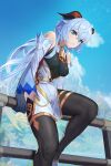  1girl absurdres bangs bare_shoulders bell black_gloves blue_hair breasts chinese_knot cloud curled_horns detached_sleeves ganyu_(genshin_impact) genshin_impact gloves gold_trim guegue highres horns long_hair looking_at_viewer medium_breasts neck_bell sitting sitting_on_fence sky solo thighlet very_long_hair white_sleeves 