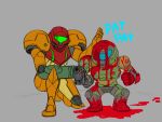  1boy 1girl arm_cannon blood chibi doom_(2016) doom_(series) doomguy guilhermerm headpat highres metroid power_armor praetor_suit samus_aran science_fiction space_marine super_smash_bros. varia_suit weapon 