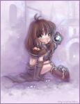  1girl :3 bangs blush boots brown_capelet brown_eyes brown_footwear brown_gloves brown_hair brown_skirt capelet chibi commentary dated drops_(ragnarok_online) ekaterina_orange elbow_gloves english_commentary eyes_visible_through_hair full_body gloves holding holding_staff long_hair looking_at_viewer mage_(ragnarok_online) mixed-language_commentary open_mouth poring ragnarok_online russian_commentary showgirl_skirt sitting skirt solo staff watermark web_address 