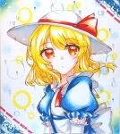  15inaba_eirin13 1girl ascot blonde_hair blue_dress bow dress elbow_gloves eyebrows_visible_through_hair eyelashes gloves hat hat_bow highres kana_anaberal looking_at_viewer orange_eyes puffy_short_sleeves puffy_sleeves red_ascot red_bow ribbon short_sleeves touhou touhou_(pc-98) traditional_media wavy_hair 