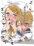  1boy 1girl aqua_eyes bangs bikkuuri_ottamageruta blonde_hair blush brother_and_sister child_on_child hair_between_eyes hair_ornament half-closed_eyes hetero humping implied_sex incest kagamine_len kagamine_rin sailor_collar sex sex_from_behind shirt siblings simple_background stealth_sex sweat swept_bangs twincest twins vocaloid white_background white_shirt yellow_nails 