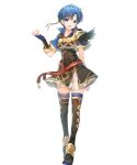  1girl alternate_costume armor bangs belt blue_eyes blue_hair blue_legwear boots breastplate dress elbow_gloves eyebrows_visible_through_hair feather_trim fingerless_gloves fingernails fire_emblem fire_emblem:_the_binding_blade fire_emblem_heroes full_body gloves gold_trim highres looking_at_viewer miwabe_sakura official_art shanna_(fire_emblem) shiny shiny_hair short_dress short_hair short_sleeves shoulder_armor skirt smile solo thigh_boots thighhighs transparent_background zettai_ryouiki 