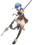  1girl alternate_costume armor bangs belt blue_eyes blue_hair blue_legwear boots breastplate dress elbow_gloves eyebrows_visible_through_hair feather_trim fingerless_gloves fingernails fire_emblem fire_emblem:_the_binding_blade fire_emblem_heroes full_body gloves gold_trim highres holding holding_weapon leg_up miwabe_sakura official_art open_mouth polearm shanna_(fire_emblem) shiny shiny_hair short_dress short_hair short_sleeves shoulder_armor skirt smile solo spear thigh_boots thighhighs transparent_background weapon zettai_ryouiki 