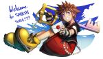 1boy blue_eyes brown_hair fingerless_gloves gloves hood ippers jewelry keyblade kingdom_hearts kingdom_hearts_i male_focus necklace open_mouth short_hair smash_invitation smile solo sora_(kingdom_hearts) spiked_hair super_smash_bros. 