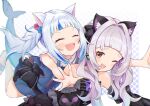  2girls :d animal_costume animal_ears bankamba black_dress black_ribbon black_sleeves black_tail blue_hair blurry blurry_background cat_ears cat_tail closed_eyes commentary_request detached_sleeves dress fish_tail gawr_gura glomp hair_cubes hair_ornament hair_ribbon highres hololive hololive_english hug hug_from_behind long_hair medium_hair multicolored_hair multiple_girls murasaki_shion one_eye_closed open_mouth ribbon sandals shark_costume shark_girl shark_tail sharp_teeth short_sleeves side_ponytail silver_hair smile streaked_hair suspenders tail tail_ornament tail_ribbon teeth virtual_youtuber white_footwear yellow_eyes 