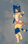  1girl animal_crossing ankha_(animal_crossing) bag bandages belt blue_eyes breasts brown_hair cleavage fang hair_ornament highres leotard looking_at_viewer monster_girl mythrunadraw open_mouth satchel short_hair signature solo tail 