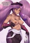  1girl absurdly_long_hair absurdres artist_name bare_shoulders bendy_straw black_gloves breasts dark-skinned_female dark_skin dirty dirty_face drinking_straw entrapta evomanaphy frown gloves highres large_breasts long_hair nipples outline parted_lips prehensile_hair purple_eyes purple_hair shadow she-ra_and_the_princesses_of_power solo topless very_long_hair white_outline 