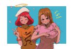  2girls ace_attorney anger_vein beret brown_hair closed_eyes halo hand_on_another&#039;s_shoulder hat ini_miney mimi_miney multiple_girls nurse nurse_cap phoenix_wright:_ace_attorney_-_justice_for_all red_hair ribitta siblings sisters spoilers v white_headwear 