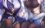  2girls absurdres bell black_bodysuit bodystocking bodysuit breasts brown_bodysuit brown_legwear close-up cowbell detached_sleeves dress frilled_gloves frills ganyu_(genshin_impact) genshin_impact gloves gold_trim head_out_of_frame highres keqing_(genshin_impact) leotard leotard_under_clothes medium_breasts multiple_girls neck_bell pantyhose patatatan purple_dress purple_gloves simple_background sitting vision_(genshin_impact) white_background 