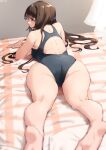  1girl ass aya_(jonsun) back bangs barefoot bed bed_sheet black_swimsuit brown_eyes brown_hair commentary_request competition_swimsuit curtains from_behind indoors jonsun kneepits long_hair looking_to_the_side lying on_bed on_stomach one-piece_swimsuit original solo swimsuit thighs 
