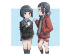  2girls :o black_hair black_jacket black_legwear black_skirt bob_cut cellphone collared_shirt commentary_request dress_shirt grey_sweater hairband hand_in_pocket highres holding holding_phone jacket kneehighs kuro_kosyou long_sleeves low_ponytail multiple_girls off_shoulder open_clothes open_jacket original parted_lips phone pleated_skirt pointing ponytail purple_eyes red_hairband red_jacket red_skirt shirt short_eyebrows short_hair skirt sweater thick_eyebrows white_shirt 