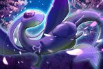  claws closed_mouth commentary_request flygon flying from_below frown highres looking_down night no_humans outdoors petals pokemon pokemon_(creature) sky solo star_(sky) tree yamaori6 