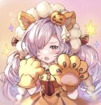  1girl animal_ears animal_hands bangs blush buttons commentary_request double-breasted dress fake_animal_ears fang flying_sweatdrops gradient gradient_background granblue_fantasy hair_ornament hair_over_one_eye hair_ribbon jack-o&#039;-lantern jack-o&#039;-lantern_hair_ornament long_hair looking_at_viewer necktie niyon_(granblue_fantasy) official_alternate_costume open_mouth orange_dress purple_hair red_eyes red_necktie ribbon shiromimin solo star_(symbol) twintails upper_body 