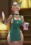  1girl ? ?? apron argonian bare_shoulders barrel black_choker blue_eyeshadow blush body_freckles brand_name_imitation breasts brown_background candle choker cleavage collarbone colored_sclera colored_skin commentary_request cowboy_shot cup embarrassed english_commentary english_text eyeshadow fire flying_sweatdrops freckles furry furry_female green_apron green_skin half-closed_eyes hands_up highres holding holding_cup holding_quill horns iced_latte_with_breast_milk_(meme) indoors large_breasts legs_together looking_at_viewer maid_headdress makeup meme mixed-language_commentary multicolored_skin naked_apron nervous open_mouth orange_eyes pocket quill reptile_girl sat-v12 sharp_teeth slit_pupils solo standing starbucks teeth the_elder_scrolls thick_thighs thighs two-tone_skin white_headwear white_skin wide_hips yellow_sclera 
