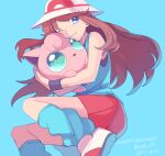  1girl bangs blue_background blue_eyes blue_legwear blue_shirt brown_hair closed_mouth commentary_request dated eyelashes green_(pokemon) hat heart highres holding holding_pokemon jigglypuff long_hair loose_socks one_eye_closed pleated_skirt pokemon pokemon_(creature) pokemon_adventures red_skirt shirt shoes skirt sleeveless sleeveless_shirt smile white_footwear white_headwear wristband yui_ko 