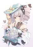  1girl absurdres bangs bare_shoulders black_butterfly blue_headwear bouquet bronya_zaychik bug butterfly cherry closed_mouth commentary dress drill_hair fingernails flower food fruit grey_eyes grey_hair hair_between_eyes hat highres holding holding_bouquet holding_food honkai_(series) honkai_impact_3rd ice_cream looking_at_viewer qingye_ling smile solo twin_drills white_background white_dress white_flower 