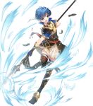  1girl alternate_costume armor bangs belt blue_eyes blue_hair blue_legwear boots breastplate dress elbow_gloves eyebrows_visible_through_hair feather_trim fingerless_gloves fingernails fire_emblem fire_emblem:_the_binding_blade fire_emblem_heroes full_body gloves gold_trim highres holding holding_weapon leg_up looking_away miwabe_sakura official_art open_mouth polearm shanna_(fire_emblem) shiny shiny_hair short_dress short_hair short_sleeves shoulder_armor skirt solo spear thigh_boots thighhighs transparent_background weapon zettai_ryouiki 