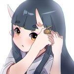  1girl bangs black_hair brown_eyes commentary_request eyebrows_visible_through_hair face hair_ornament hairclip hands_up horns japanese_clothes kimono kuro_kosyou long_hair looking_at_viewer oni oni_horns original pointy_ears short_eyebrows short_sleeves simple_background solo thick_eyebrows upper_body white_background white_kimono 