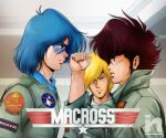  1980s_(style) 3boys artist_name blonde_hair blue_eyes blue_hair blue_shirt brown_hair choujikuu_yousai_macross clenched_hand collared_shirt copyright_name crossover from_side glasses hair_behind_ear hair_over_one_eye ichijou_hikaru logo_parody macross male_focus manly maximilian_jenius multiple_boys one_eye_covered open_mouth parted_lips pete_&quot;maverick&quot;_mitchell pilot_suit retro_artstyle roy_focker saotome_nanda shirt sideburns skull_and_crossbones top_gun watermark 