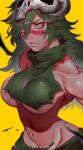  1girl bleach breasts green_hair ibuo_(ibukht1015) long_hair muscular muscular_female nelliel_tu_odelschwanck serious simple_background skull solo torn_clothes underboob upper_body yellow_background 