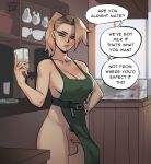  1girl apron barista blonde_hair blue_eyes breasts bulge cafe cleavage commentary cup disposable_cup english_commentary english_text erection erection_under_clothes futanari green_apron hand_on_hip hidden:d8 highres holding holding_cup iced_latte_with_breast_milk_(meme) indoors large_testicles looking_at_viewer marker medium_breasts meme naked_apron original penis penis_peek pubic_hair sideboob solo speech_bubble standing table testicles 
