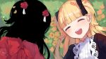  2girls :d ^_^ blonde_hair closed_eyes dress emilico_(shadows_house) flower formal genkaku_yurityu grass hair_flower hair_ornament kate_(shadows_house) lying multiple_girls on_back on_grass on_ground open_mouth outdoors red_dress shadow_(shadows_house) shadows_house smile 