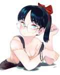  1girl aqua_eyes bangs black_hair black_overalls blush bracelet breasts bright_pupils cleavage copyright_request glasses hair_ribbon hands_up highres jewelry medium_breasts overalls ponytail red_ribbon ribbon round_eyewear shadow shirt simple_background solo takatsu_makoto upper_body white_background white_pupils white_shirt 