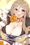  1girl ahoge blonde_hair blush breasts cleavage creditta_(princess_connect!) food fork fur_trim gloves highres huge_breasts jewelry long_hair looking_at_viewer monocle necklace open_mouth pancake princess_connect! red_eyes ring ryuki_(ryukisukune) solo thick_eyebrows 