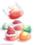  &gt;_&lt; :3 angel_wings angeling blush closed_eyes closed_mouth commentary drops_(ragnarok_online) ekaterina_orange english_commentary halo hat no_humans painttool_sai_(medium) poporing poring ragnarok_online santa_hat simple_background slime_(creature) watermark web_address white_background wings 
