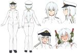  1girl alcohol ass_visible_through_thighs blue_eyes blush bottle closed_eyes expressions eyebrows_visible_through_hair female_admiral_(kancolle) full_body gloves hair_between_eyes hat highres kantai_collection long_hair long_sleeves looking_at_viewer military military_uniform multiple_views naval_uniform open_mouth peaked_cap simple_background smile standing sweat sweatdrop takaman_(gaffe) teeth tongue uniform white_background 