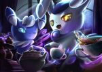  :d blue_sclera closed_mouth colored_sclera commentary_request cup fangs green_eyes highres looking_back meowstic meowstic_(female) meowstic_(male) no_humans one_eye_closed open_mouth pokemon pokemon_(creature) smile tea teacup teapot tongue yamaori6 