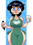 1girl apron black_hair blue_eyes blush breasts clark_kent cup dc_comics embarrassed genderswap genderswap_(mtf) glasses highres iced_latte_with_breast_milk_(meme) jaggy_line large_breasts looking_at_viewer marker meme naked_apron open_mouth rariatto_(ganguri) superman_(series) sweatdrop thick_thighs thighs 