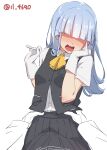  1girl 1other 4690_(tkpbsk) blue_hair cowboy_shot dress_shirt facing_viewer grey_skirt grey_vest hatsukaze_(kancolle) hime_cut kantai_collection neck_ribbon one-hour_drawing_challenge open_clothes open_mouth open_shirt pleated_skirt pov ribbon school_uniform shaded_face shirt simple_background skirt twitter_username vest white_background white_hair white_shirt yellow_ribbon 