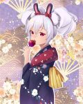  1girl :o animal_ears azur_lane bangs candy candy_apple commentary_request eating eyebrows_visible_through_hair fake_animal_ears food from_side hair_between_eyes hairband head_tilt holding holding_candy holding_food japanese_clothes kimono laffey_(azur_lane) laffey_(snow_rabbit_and_candy_apple)_(azur_lane) long_hair long_sleeves looking_at_viewer looking_to_the_side obi rabbit_ears red_eyes sash shiruko_(27anko) sidelocks solo twintails white_hair wide_sleeves yukata 