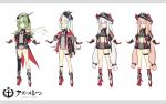  1girl absurdres asymmetrical_legwear azur_lane beret black_bird black_headwear black_legwear blue_eyes buttons double-breasted dress gloves green_hair grey_gloves grey_hair grey_headwear hat highres long_hair microdress midriff multicolored_hair multiple_views pink_hair red_hair red_legwear rudder_footwear simple_background single_sock sketch socks streaked_hair suika01 thigh_strap twintails two-tone_hair white_background z26_(azur_lane) 